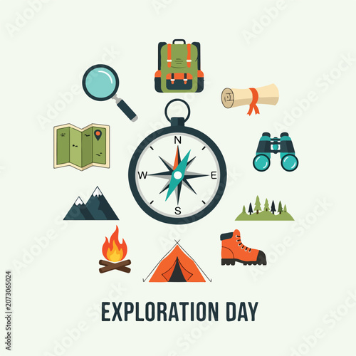 Exploration symbols surround a compass