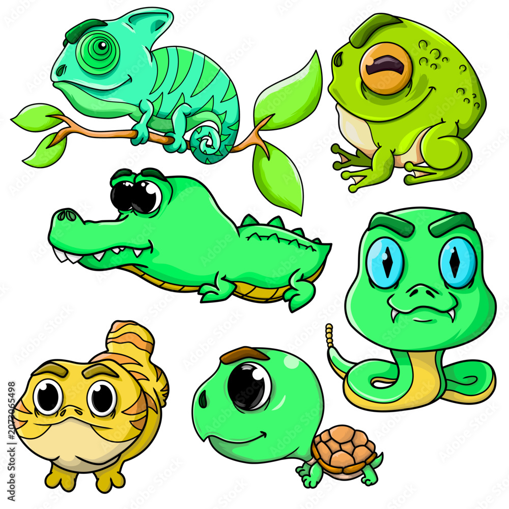 Obraz premium Cute cartoon reptile amphibian set