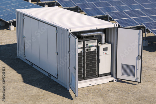 Containerized battery energy storage system next to solar panels