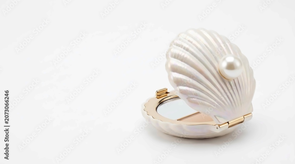 Fototapeta premium Beautiful pearlescent seashell compact mirror featuring a shiny white pearl on a clean white background