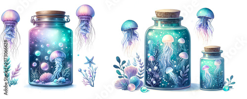 Magical Jellyfish Aquarium Jars with Glowing Marine Life, Coral, and Ethereal Underwater Atmosphere