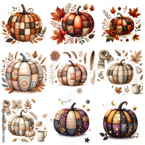 Patchwork Autumn Pumpkins with Plaid, Floral, and Geometric Patterns