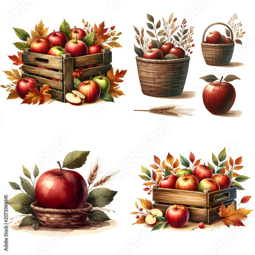 Rustic Autumn Harvest with Red and Green Apples in Wooden Crates, Baskets, and Colorful Fall Leaves