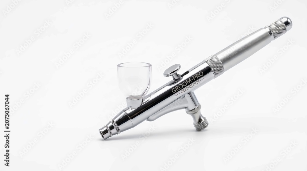 Fototapeta premium Shiny silver airbrush tool for professional makeup application set against a clean white studio background