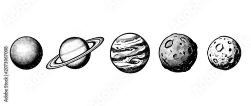 An artistic representation of planets in halftone style, showcasing the diversity of celestial bodies in a vector format with detailed textures and shapes.