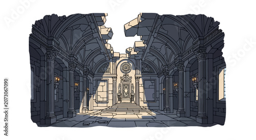 Ruined ancient hall with classical columns and broken ceiling