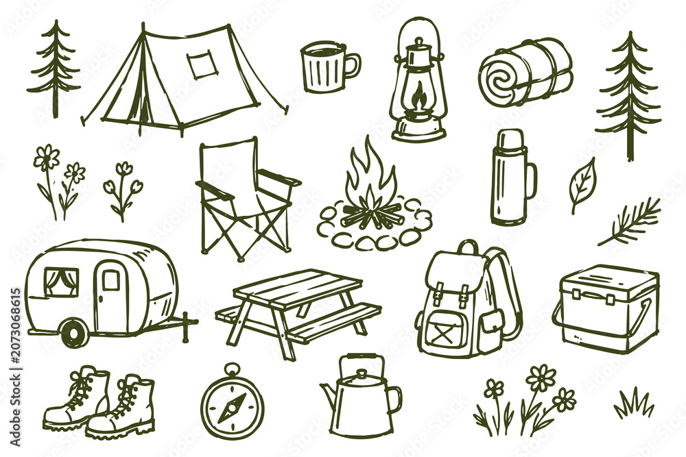 Naklejka premium Camping Doodle Set Hand Drawn Outdoor Vector Illustration