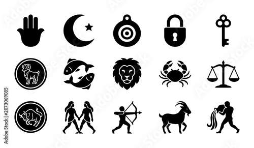 Картината върху платно Mystical zodiac icons and esoteric symbols set, black silhouette astrology signs