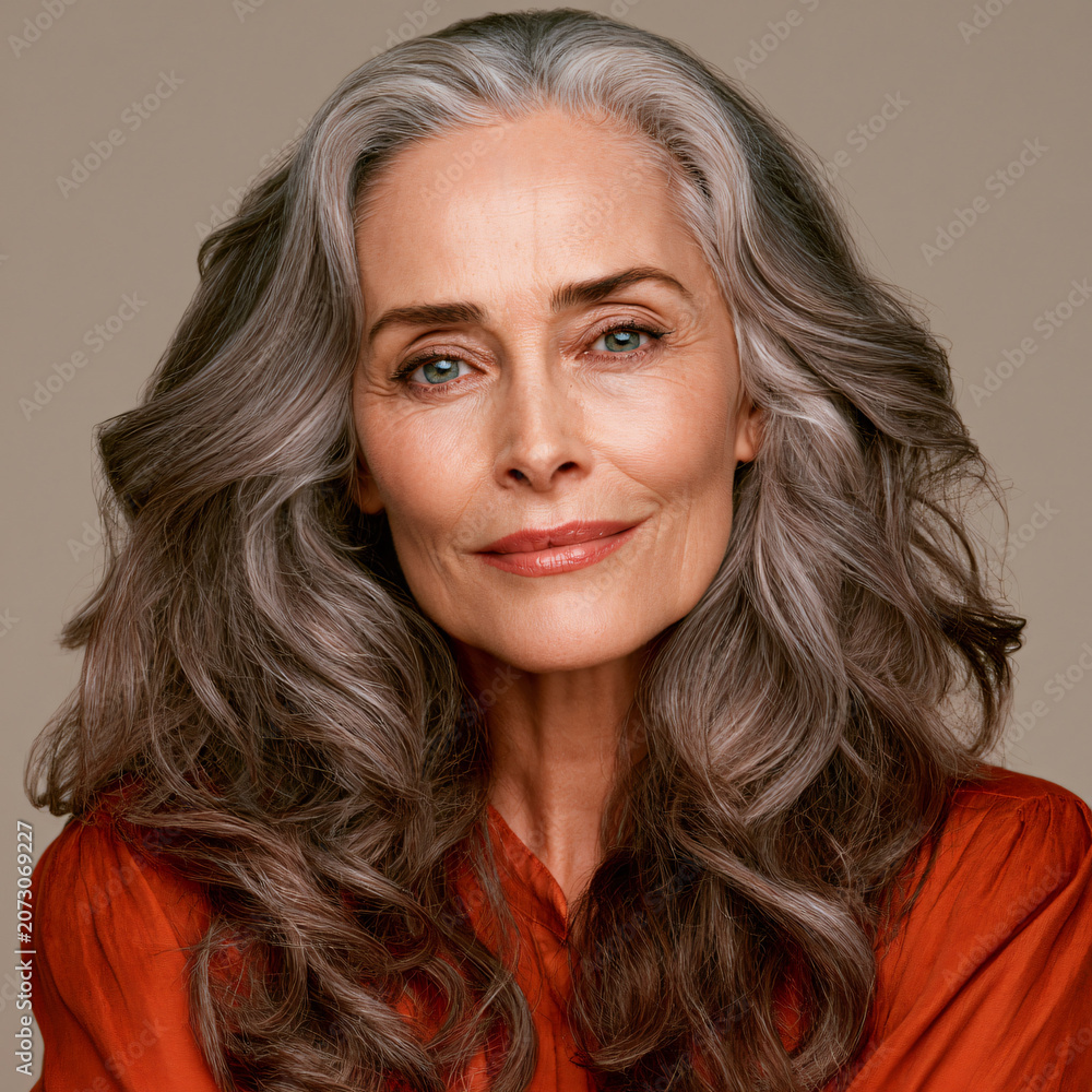 Fototapeta premium mature woman showcasing visibly thicker healthier hair after professional treatment, luxury hair density improvement campaign