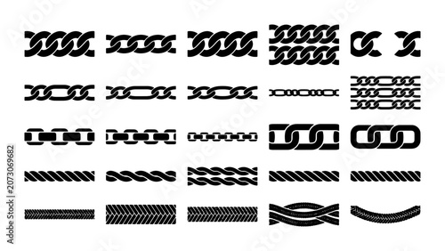Tableau sur toile Black metal chain link collection, 25 industrial rope and cable vector brushes,