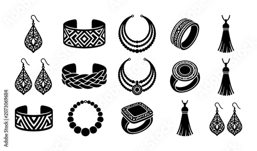 Foto Bohemian jewelry icons set, ethnic tribal accessories collection in black vector