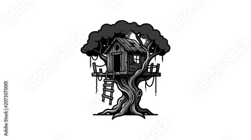 Spooky Old Treehouse in a Dark Forest Illustration.