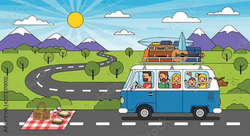 Family on a road trip with a dog