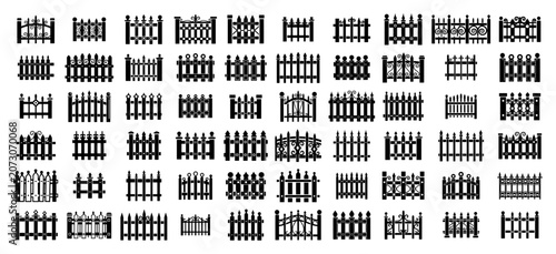 Fotografie Metal and wooden fence icons collection with various picket designs in black sil
