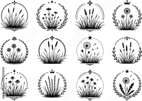 Ornamental Floral and Grass Wreath Logo Design Collection