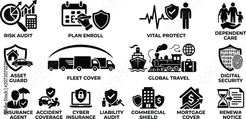 Professional Collection of Insurance, Risk Management, and Comprehensive Financial Protection Icons