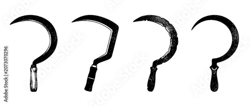 A stunning halftone illustration of scythes and sickles, representing agricultural tools in a unique vector style, ideal for agricultural themed designs.