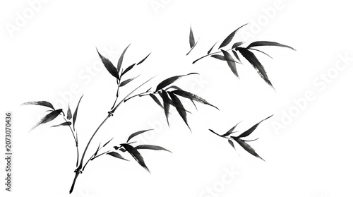 Elegant bamboo leaves ink wash painting, traditional asian art style, isolated on transparent background