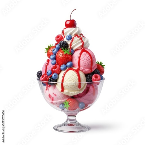 Delicious Ice Cream Sundae with Mixed Berries and Whipped Cream.