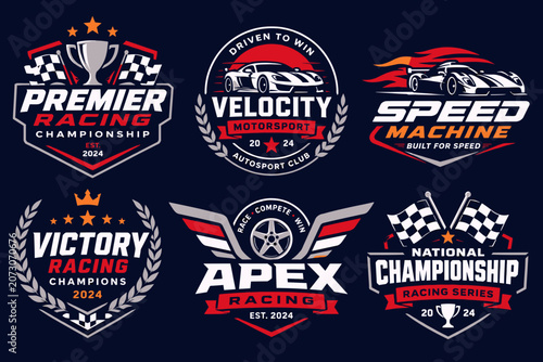 A collection of six dynamic racing championship and motorsport club logos featuring sports cars, trophies, checkered flags, and bold typography on a dark background.