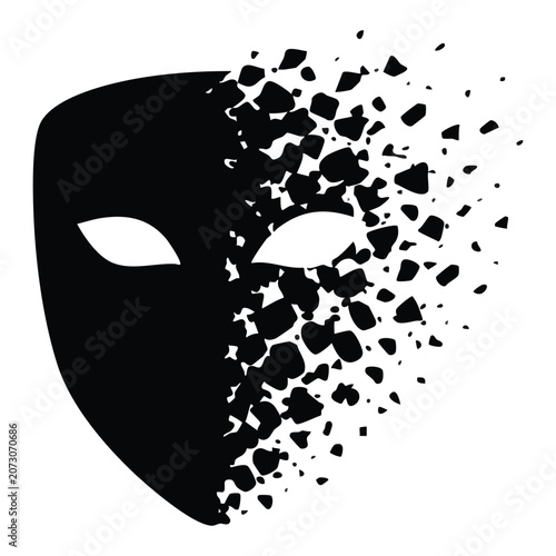 Fragmented mask vector illustration black silhouette dissolving into scattered particles transformation identity change abstract conceptual design