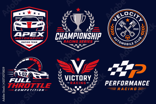A collection of six distinct racing and motorsport themed logos and emblems, featuring cars, trophies, and speed elements on a dark background.