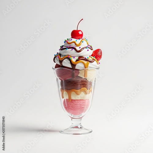 Delicious Ice Cream Sundae with Cherry and Strawberry Topping.