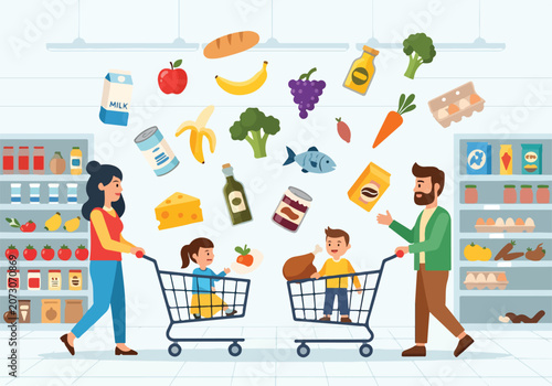 Family shopping with groceries