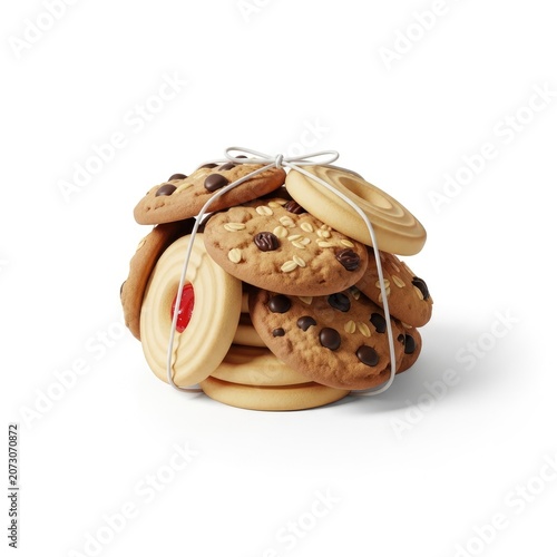 Assorted Stack of Delicious Cookies Tied with String on White Background.