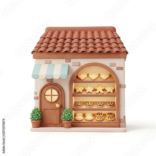 Charming Miniature Bakery Shop with Illuminated Pastries and Tiled Roof.