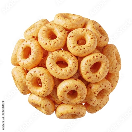 Pile of Delicious Golden Brown Ring Shaped Snacks Isolated on White Background.
