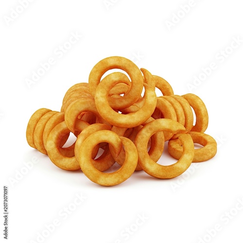 Pile of Golden Crispy Curly Fries Isolated on White Background.