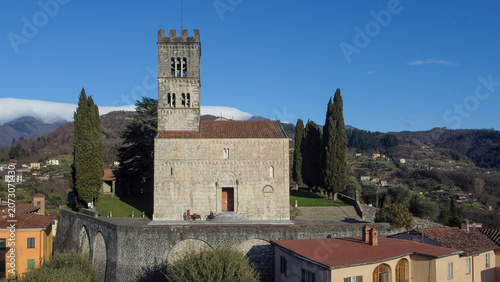 Aerial views of the medieval town of the Duomo of Barga 