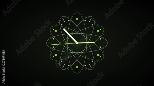 Abstract atomic clock animation with rotating orbital rings and glowing green time hands science