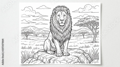 majestic lion sitting on rock in savannah landscape