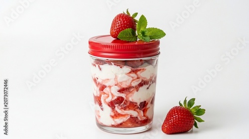 Strawberry yogurt parfait in a jar with fresh strawberries