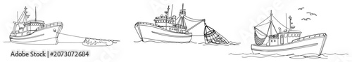 Photos Fishing boat trawler with nets catching fish in continuous line drawing style