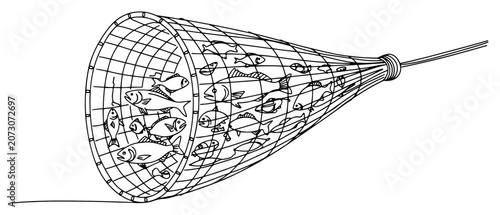 Photos Fishing net full of catch in minimalist continuous line art style