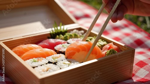 Close view shows hand using chopsticks to pick sushi from light-grain bento box on red and white picnic cloth, with maki, salmon nigiri, tuna nigiri, wasabi, ginger, and outdoor dining mood