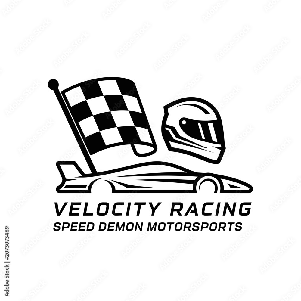 Naklejka premium Racing car, helmet, and checkered flag logo