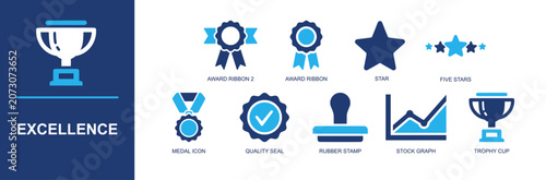 Excellence icon set. Containing award ribbon, excellence report, five star, quality seal, medal icon, rubber stamp, stock graph, trophy cup, rating and more. Solid fill vector icons.