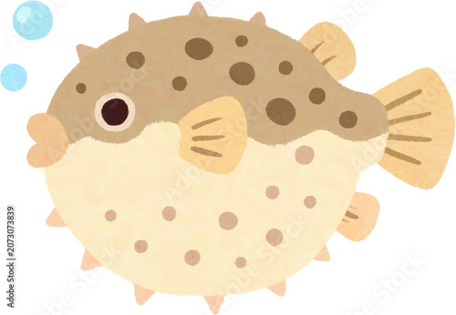 Cute pufferfish illustration with hand-drawn crayon texture and water bubbles.