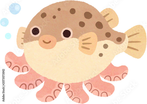 Cute kawaii pufferfish character with octopus tentacles swimming with bubbles, hand drawn crayon textured illustration.