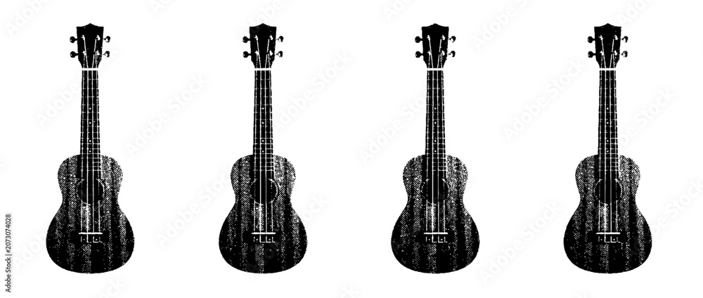 Fototapeta premium This collection of ukuleles in halftone vector style showcases a variety of designs, focusing on intricate patterns and simplicity in musical instruments.