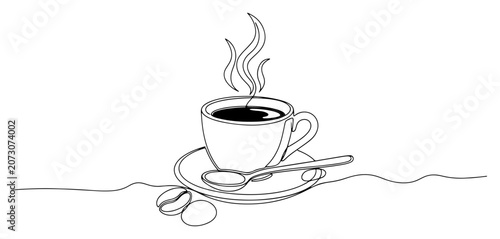 Tableau sur toile Hot cup of coffee on saucer with spoon and coffee beans in continuous line art s