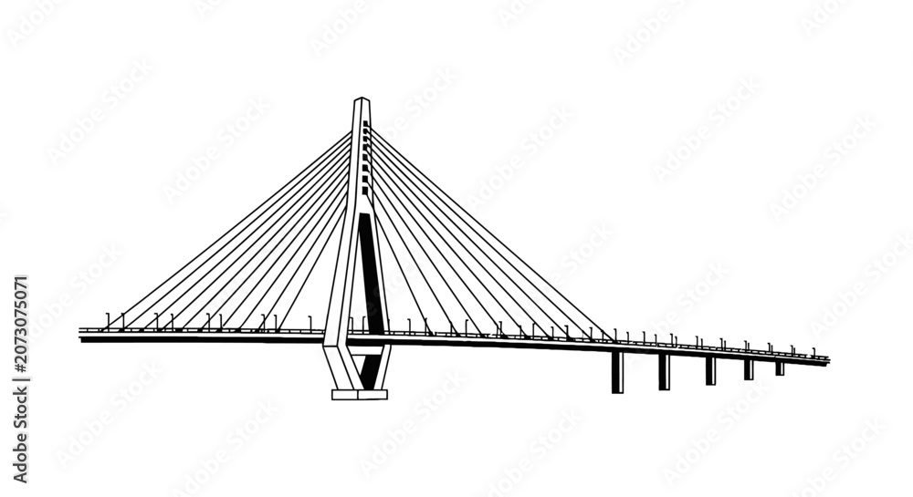 Fototapeta premium Cable stayed bridge silhouette with single pylon and support cables