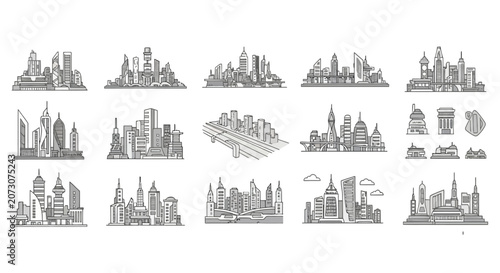 Schilderij op canvas Collection of modern city skyline and skyscraper silhouette icons