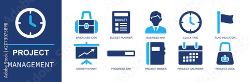 Project management icon set. Containing briefcase, budget planner, businessman, clock, flag, growth chart, progress bar, project binder, calendar and more. Solid fill vector icons.