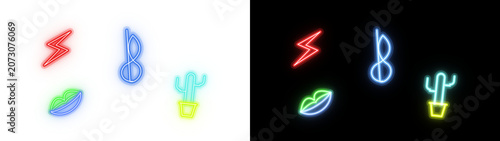 PNG image of Neon light icon set, glowing electric lightning bolt and cactus symbols, vibrant fluorescent lips and musical note illustrations isolated on Transparent Background