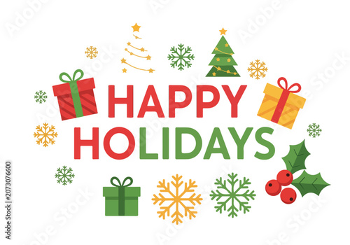 Festive holiday graphic with gifts, trees, and snowflakes